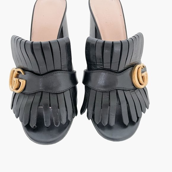 Gucci GG Fringe Sandals EU 36.5 US 6.5 Black Marmont Mules Block Heel Slide Logo - Picture 3 of 12